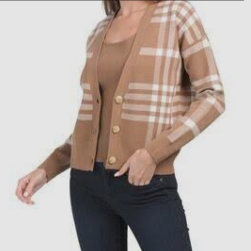 Rachel Zoe Tan and Cream Plaid Sweater